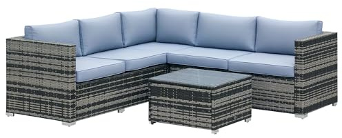 Outsunny 4 Pieces Rattan Garden Furniture Set, Wicker Outdoor Furniture Set with Corner Sofa Loveseat Coffee Table Cushions, Conservatory Furniture Set for Patio Balcony, Grey