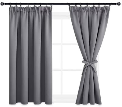 DWCN Fensterdeko Vorhänge mit Kräuselband Blickdicht Wohnzimmer mit Vorhang-Krawatten, Verdunkelungsvorhang Gardinen Kurz Thermogardine Wärmeisolierend, 145x140cm(HöhexBreite), Grau, 2er Set