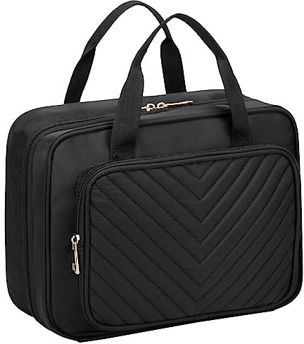 Kasgo Trousse de Toilette Femme Voyage, Grande Vanity Femme Trousse de Maquillage à Suspendre Imperméable Transparente avec Sangle à Bagage et Crochet pour Voyage d'affaires Vacances Noir