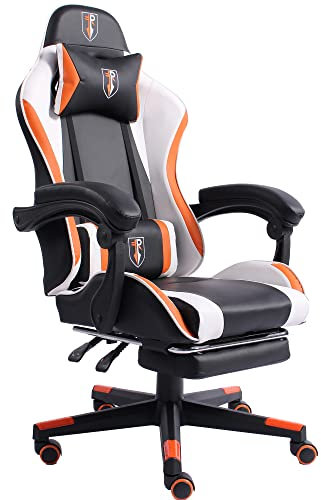 Gaming im Racing-Design mit flexiblen gepolsterten Armlehnen ergonomischer PC Gaming Stuhl in Lederoptik Schreibtischstuhl mit ausziehbarer Fußstütze und extra Stützkissen, Farbe:Schwarz/Weiß-Orange