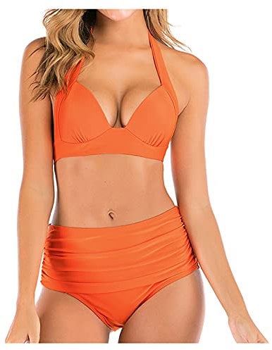 Generisch Festival Outfit Damen, Triangel Bikini Badeoberteil Damen Push Up Women's Fashion Swimsuit Printed Sexy High Waist Split Bikini Swimsuit Meerjungfrauenflosse Mädchen Highwaist (S, Orange)