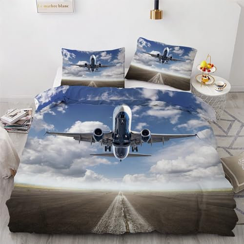 ROUSKI Bettwäsche Flugzeug 135x200 cm 2teilig 100% Mikrofaser Kinderbettwäsche Flugzeug Wendebettwäsche mit Reißverschluss 3D Motiv Zimmer Dekor Bettwäsche-Sets mit Kissenbezüge 80x80