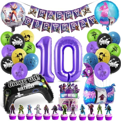 Deko 10. Geburtstag Junge, Gaming Party Luftballon Set, Zahl 10 Folienballon Violett Schwarz, Luftballons Girlanden Banner für Kindergeburtstag Party Dekoration
