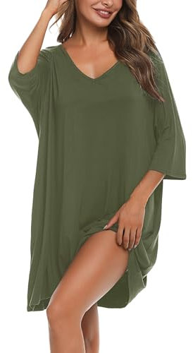 Bresdk Nachthemd Damen Baumwolle Große Größen Schlafshirt Damen Oversize Sleepshirt Kurzarm Grün S