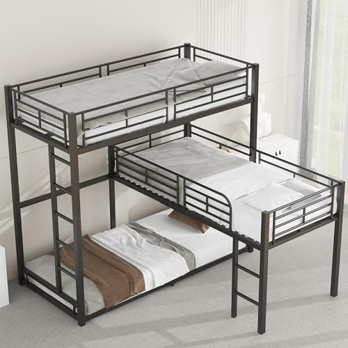 Jugendbett Hochbett 90x200cm, Bettgestell Metallbett Eisenbett, Dreifach-Etagenbett, hohes Geländer - Rausfallschutz, einfaches Design, Familienbett Schlafsaalbett für Kinder und Erwachsene, Schwarz