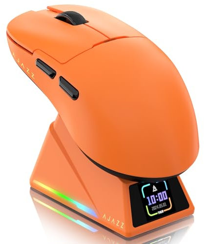 ATTACK SHARK Ajazz AJ159APEX PAW3950 Gaming-Maus, 42000 DPI, 8000Hz Kabellose Abfragerate, RGB-Magnetladestation mit Farbdisplay, 56g Superlight, 2,4G/BT/Kabelgebundene Gaming-Mouse, PC/Mac, Orange