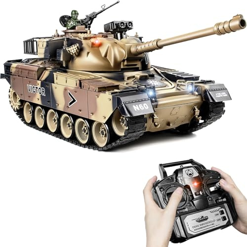 Supdex Tank Fjärrkontroll M60 1:18, fjärrstyrd militär tank för vuxna med rök, ljud, ljus, bakåt, stridsvagnsmodell som drar kulor, ökenkamouflage, för barn och vuxna