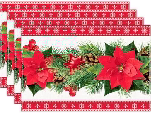 Floral Linen Christmas Placemats Set of 4, Red Table Runner with Bell Print, Dinner Table Decorations for Xmas (45 x 30cm)