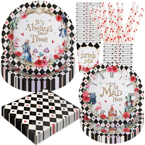BOIKOKY Alice in Wonderland Birthday Party Decorations, 120Pcs Tea Themed Party Supplies Tableware Includes Paper Plates, Napkins, Cups and Straws, Serves 24