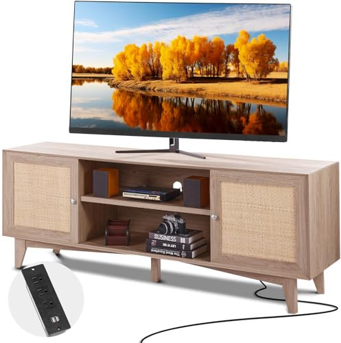 VEVOR Meuble TV en Rotin pour Téléviseur de 75 Pouces, Banc TV Moderne Milieu du Siècle Bohème, Console TV avec Prise Intégrée et Ports USB, Étagères Réglables, pour Salon, Salle Multimédia, Chêne