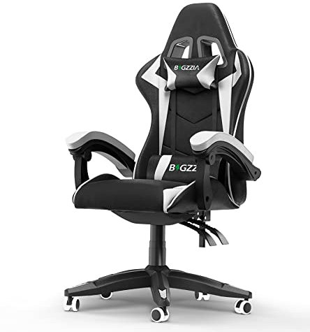 bigzzia Gaming Chair Ergonomic Computer Chair Reclining PU Leather High Back Video Game Chair with Headrest Adjustable Lumbar Support Linkage Armrest (Black/White)