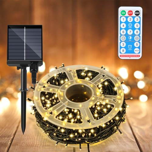 Jiubiaz Lichterkette Außen Solar, 50M 500 LED warmweiß mit Fernbedienung, LED Fairy Light für draußen und drinnen, Garten, Balkon