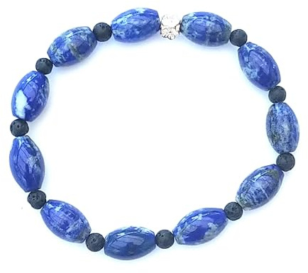 Bracelet en Pierres Naturelles sur élastique, avec Alternance de Perles de Lapis Lazuli Olives et de Perles Rondes de Lave. Cache noeud motif fleur 4 faces en argent 925. (20.00, Centimètres)