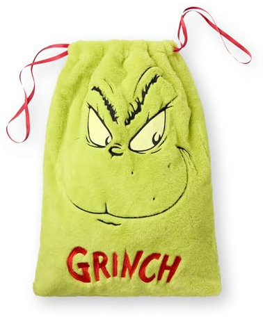 The Grinch Kordelzugbeutel | Weicher, mit Fell bestickter Mehrzweck-Weihnachtsthema-Sack | Grüne festliche Whoville-Bekleidung für animierte Charaktere | Saisonales Weihnachtsfilm-Merchandise