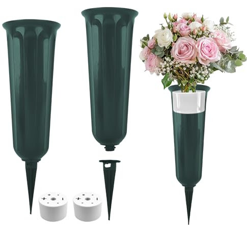 2PCS Vert Vase Cimetiere, Vase Funeraire pour Cimetière, Amovible Vases Funéraires en Plastique, Décoration De Tombe Vase De Cimetière avec Pointe en Terre