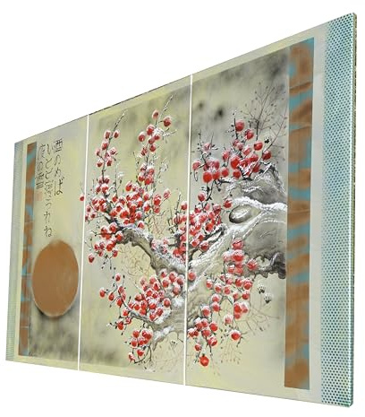 Japanische Äpfel im Schnee J230 von der Künstlerin Ksavera - Großes Triptychon in Rot und Silber, originale Acrylbilder im japanischen Stil