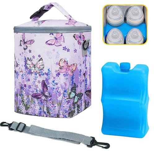 Breastmilk Bag with Ice Pack Fits 4 Bottles Up To 9 Ounce Insulated Breast Milk Cooler on the Go with Strap Baby Bottle Cooler Bag for Nursing Mom Daycare or Travel