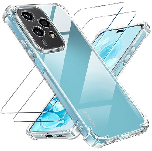 Tentoki 3 en 1 Coque et Verre Trempé pour Honor 200 Lite 5G, [Coussin d'air Intégré] Anti-Jaunissement Souple TPU Bumper Coque Protection pour Honor 200 Lite, Transparente