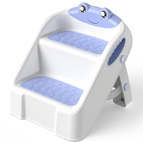 Toddler Step Stool, 2 Toilet Steps for Toddlers with Safety Handles, Foldable Step Stool for Kids with Non-Slip, Toilet Stool for Potty Training, Bathroom Sink, Bedroom, Kitchen Counter Stool, Blue