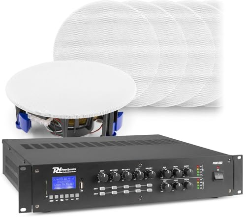 Power Dynamics PRM1202 Soundsystem - 2-Zonen Matrix Verstärker 240 Watt & 12x NCSP5 Deckenlautsprecher (Low Profile) – Unabhängige Musikquellen pro Zone – Bluetooth, USB & 100m Kabel