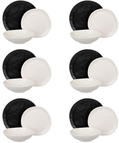 KASANOVA Set 18 pezzi Fusion, servizio 18 piatti bianco e nero, materiale resistente, adatto alla lavastoviglie e al forno microonde