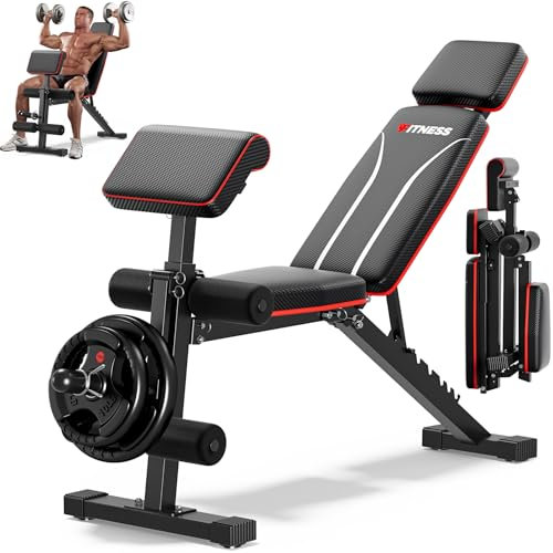 XDDIAS Hantelbank Klappbar mit Beinstrecker und Preacher-Curl-Polster, Verstellbar Trainingsbank für das Heim-Fitnessstudio, Faltbare Trainingsbank, Schnell Zusammenklappbare Neigung/Neigung