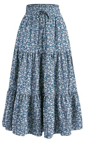 Basic Röcke für Damen Skater Plissee Midi Rock Hohe Taille Ausgestellte A-Linie Bunte Drucken mit Blumenmuster (Blue, L)