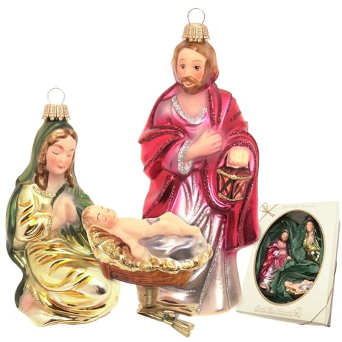 Krebs Glas Lauscha - Weihnachtsdekoration/Christbaumschmuck aus Glas - Weihnachtsgeschichte - Motiv: Die Heillige Familie - Größe: ca. 15 cm - Inhalt: 3 Stück