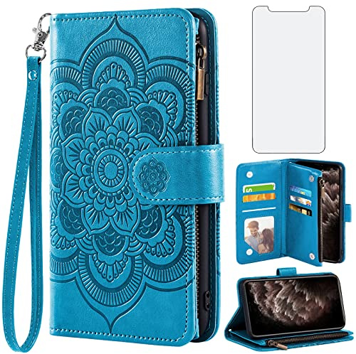 Asuwish Phone Case for iPhone 11 Pro 5.8 Wallet Cover with Tempered Glass Screen Protector and Flower PU Leather Flip Card Holder Cell Accessories iPhone11pro iPhone11 i XI 11s 11pro Women Men Blue