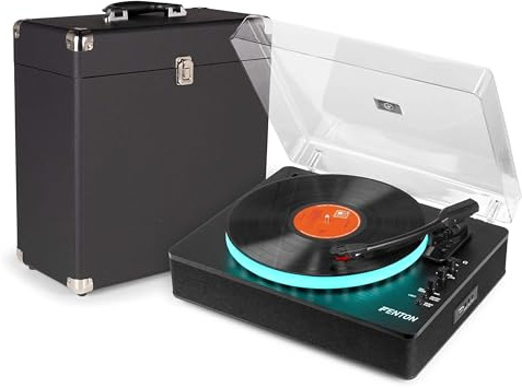 Fenton RP162LED - Tocadiscos con Bluetooth y USB Maleta RC32 Color Negro | Bluetooth, USB y salida RCA incorporados, correa de transmisión, perfecto para empezar tu colección de vinilos
