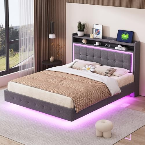 Yihomfy Lit Rembourré 140x200 cm avec USB, Pieds Invisibles, Design Flottant, Tissu Linen Gris, Sommier à Lattes Inclus, Gris
