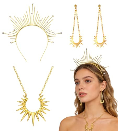 ZocRjvN 3-Teiliges Sonnengöttin Kostüm Set, Elegantes Sonnengöttin Kostüm Damen Set mit Haarreif Sonne und Schmuck, Perfektes Sonne Kostüm für Karneval und Cosplay Veranstaltungen