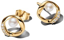 Pandora Essence Organisch Geformter Pavé-Kreis & Behandelte Süßwasserzuchtperlen Ohrringe mit 14K vergoldeter Metalllegierung und Zirkonia, 264662C01