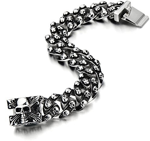COOLSTEELANDBEYOND Gotischen Retro-Stil Große Herren-Armband aus Edelstahl Panzerkette mit Schädel