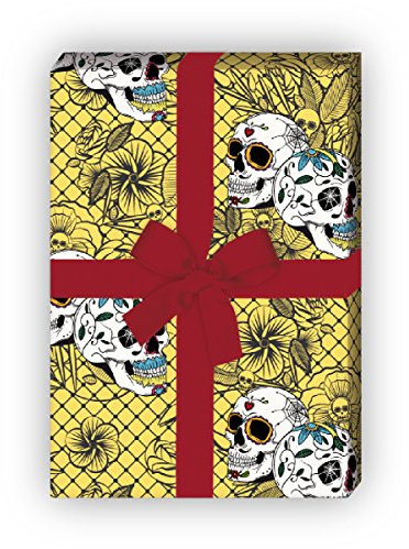 Kartenkaufrausch Florales Totenkopf Geschenkpapier Set mit bunten mexikanischen Totenköpfen • Geschenkverpackung, 4 Bögen Musterpapier, Dekorpapier zum basteln 32 x 48cm, schwarz auf gelb