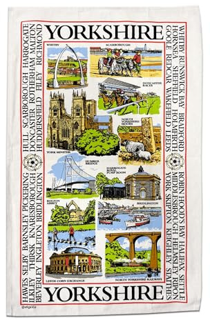 Yorkshire Sights Souvenir Tea Towel Gift Scenes Landmarks Collage Montage White