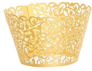 Trimming Shop Gold Cupcake Wrappers Laser Cut Floral Design Paper Cup Holders, Muffin Cup Liners for Weddings, Baby Showers, Birthdays, Anniversaries & Special Events (Pack of 100)