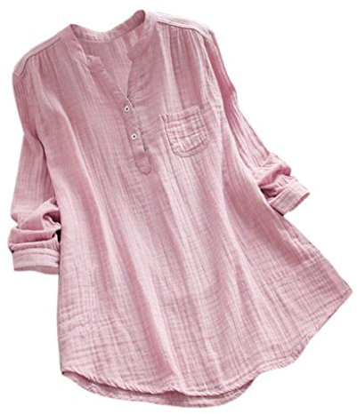 YEBIRAL Damen Bluse Lose Einfarbig Große Größen V-Ausschnit Langarm Leinen Lässige Tops T-Shirt Bluse S-5XL(EU-50/CN-5XL,Rosa)
