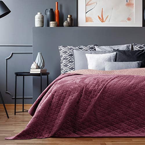 AmeliaHome Tagesdecke 200x220 cm violett lila zweiseitig Steppung Velvet Samt Laila