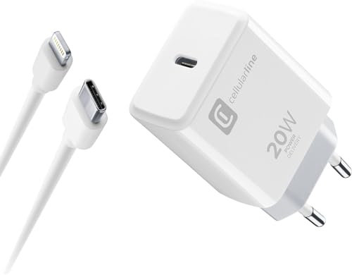 Cellularline | Caricabatterie da Rete | Caricabatterie da rete USB-C 20W per la carica alla massima velocità di iPad (2020) con cavo USB-C to Lightning