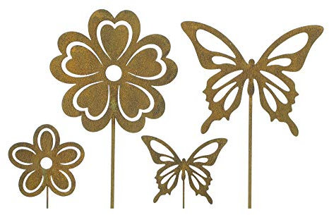 Dekoleidenschaft Gartenstecker Blume & Schmetterling 4er Set, aus Metall in Rost-Optik, 34-55 cm hoch, Dekostecker, Garten-Deko für Draußen