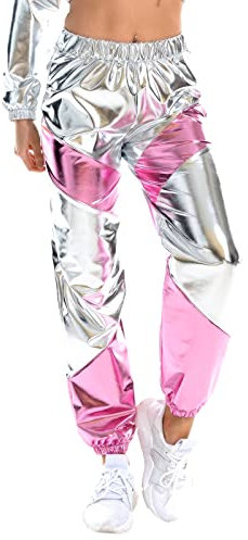 Damen Sporthose Taille Hose Cargohose Jogger Hose Glänzend Metallic Hip Hop Tanzhose mit Taschen Nachtclub Disco Dancewear Casual Streethose Sliber-Rosa Medium