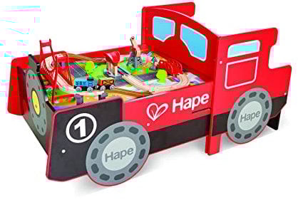 Hape Aufklappbarer Eisenbahntisch | Eisenbahn Spielset aus Holz | Verstaubarer Tisch | Sounds & Lichter | Zubehör | ab 3 Jahren