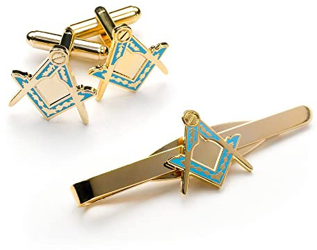 The Masonic Collection - Quadratische und Kompass-Manschettenknöpfe und Krawatten-Set für Herren – vergoldet – hellblaue Emaille-Beschichtung – Lieferung in Manschettenknopf-Box/Samtbeutel