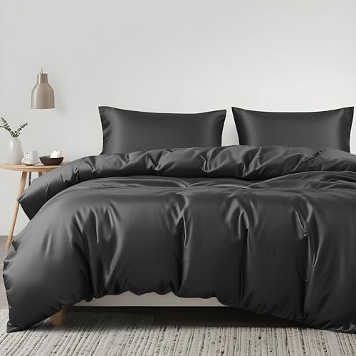 LINENWALAS Bettbezug-Set aus 100 % Bio-Eukalyptus-Tencel, mit Reißverschluss und Eckbändern, weich, kühlend, Luxus-Bettwäsche, perfekt für Haar und Haut (Einzelbett, Anthrazitgrau)