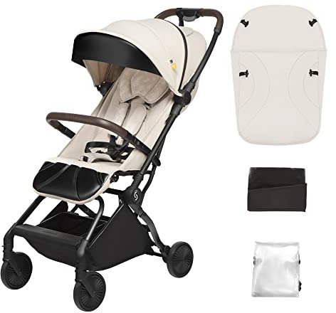 skiddoü Reisebuggy Espoo+, Kinderwagen Buggy mit automatischem Einhand-Faltsystem, Kinderbuggy bis 22kg, Kinderwagen mit Moskitonetz, Beinschutz und Regenschutzfolie, mit Gurt, beige, 2020055