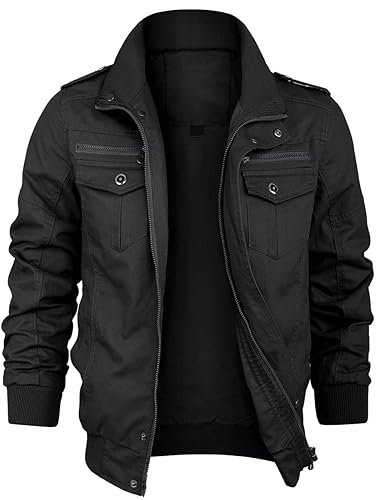 KUDORO Veste d'Extérieur Homme Militaire de Coupe-Vent Travail en Coton Blouson Homme Cargo Léger Casual pour Printemps été à Zippé Classique Décontracté(Noir,XXL)