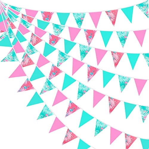10M/32Ft Flamingo Rose Flamant Vert Fanion Bannière Tissu Triangle Drapeau Bunting Garland pour Flamingo Aloha Tropical Luna Hawaiian Jungle Summer Birthday Wedding Party Hanging Decor