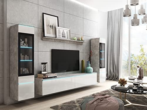 PIASKI Ensemble de meubles de salon Vera II, éclairage LED en option, ensemble de meubles de salon, différentes couleurs (béton / blanc brillant avec éclairage LED), (VRB0002)