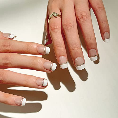 Albiuev 24PCS Short False Nails with Glue Stickers,Coffin Full Cover Acrylic Nails Press on Nails no Glue,Silver Line White French Fake Nails Stick on Nails for Women and Girls Nail Art.